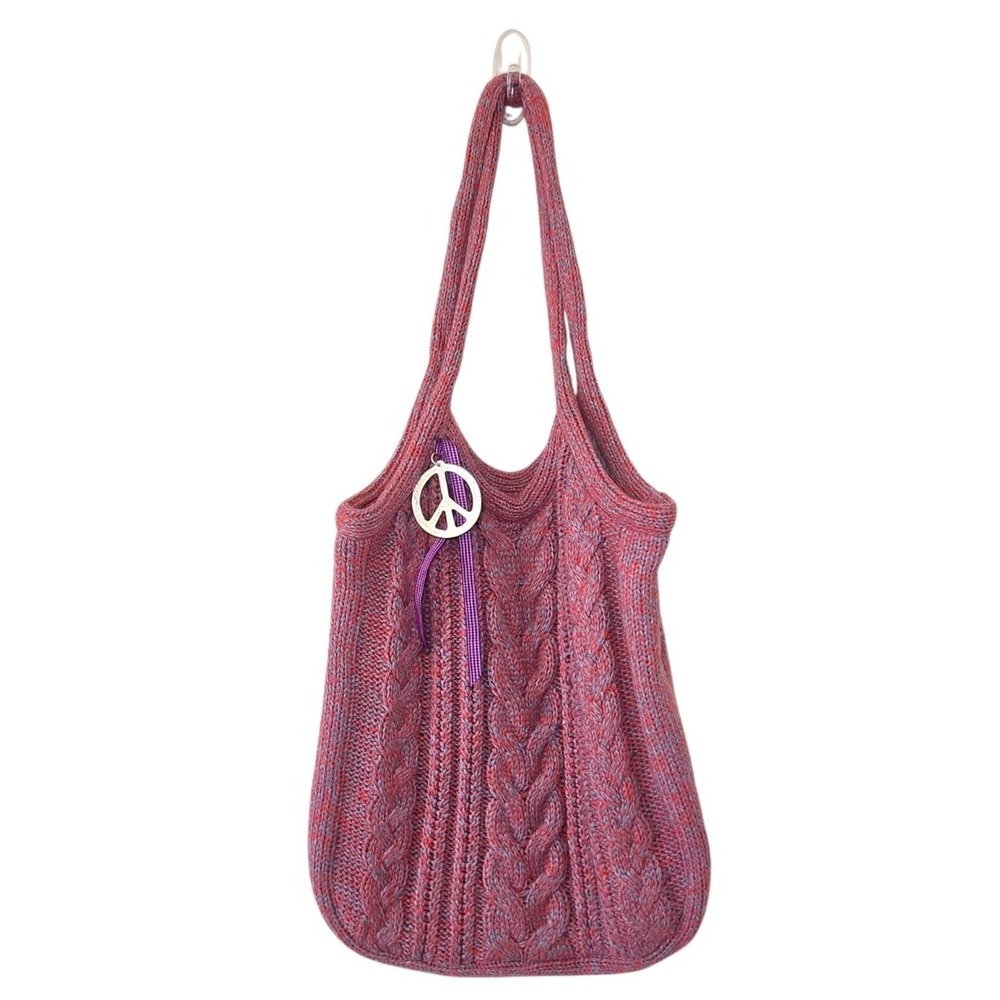American Eagle Knit Hobo Shoulder Bag Pink Purple Slouch Boho Peace Charm Tote